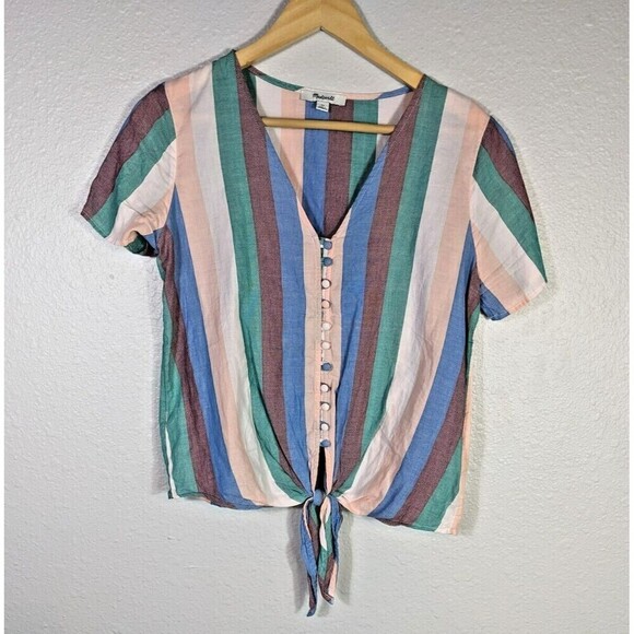 Madewell Rainbow Striped Cotton Tie Front Blouse XS - Picture 4 of 9